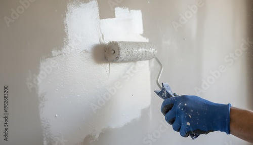 Hand in blue glove applies white paint to a wall with a roller during home improvement