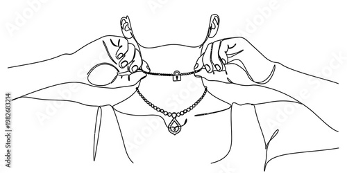 A minimalist black and white line drawing depicting a person putting on a delicate necklace chain
