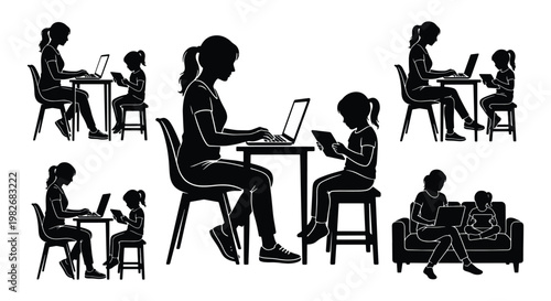 Working mother and child silhouettes, woman on laptop with kid using tablet vector set, remote work and homeschooling family icons