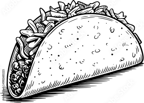 Hand-drawn black and white taco with detailed fillings white background, food isolated