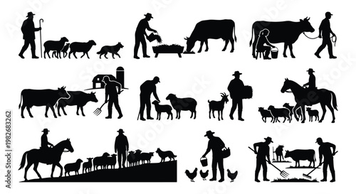 Farm life silhouette collection, farmers working with livestock and cattle, agricultural workers tending to sheep and cows, rural farming vector set