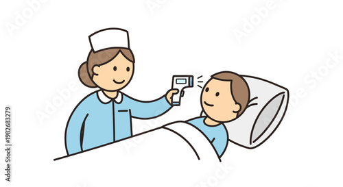 Nurse taking child's temperature with a digital thermometer while the child lies in bed