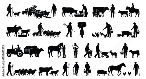 Farming silhouettes collection, rural life and livestock vector set, farmers working with cows sheep and horses, agricultural industry icons