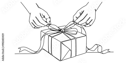 Continuous line drawing of two hands tying a decorative ribbon bow on a wrapped gift box present