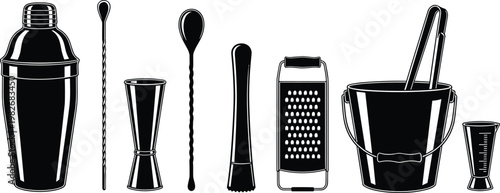 A collection of black and white bar tools including a shaker jigger strainer and ice bucket high quality professional detailed modern