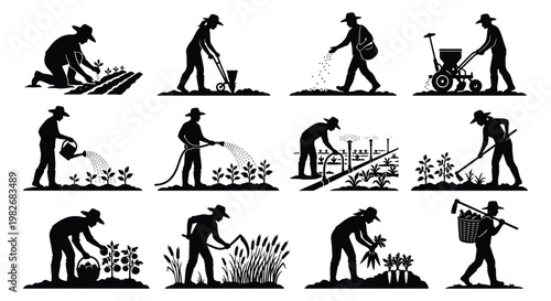 Farming silhouette icons set of 12 agricultural workers, farmers planting and harvesting crops, black vector silhouettes of rural gardening activities