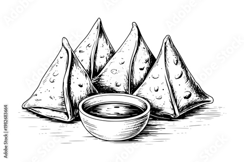 Hand-drawn of triangular samosas with a small bowl of dipping sauce, black and white