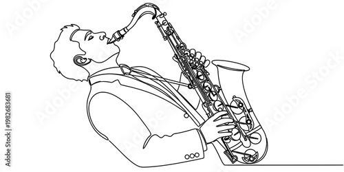 A detailed black and white line art illustration of a man playing a saxophone for a coloring page
