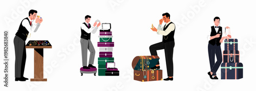 Set of illustrations showing a professional jeweler appraising precious jewelry, crowns, and antique watches with various storage boxes and trunks.