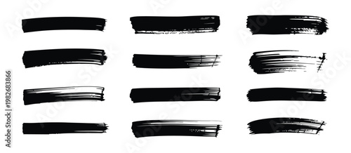Abstract grunge texture banner collection, black brush strokes, redacted text bars, ink divider lines, vector label set, rough artistic elements for branding, posters, and digital design layouts.