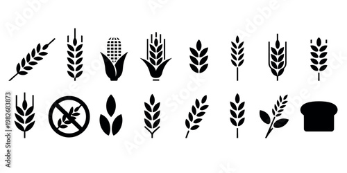 Wheat icon grey cereals icon set with rice corn oats vector farm wheat ears gluten free bakery grain spike bread symbol illustration