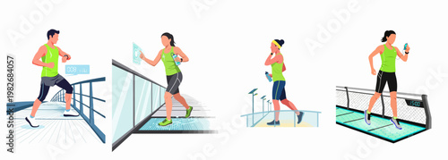 Flat Vector Illustration Set of People Using Smart Technology and Wearable Devices while Running and Jogging in a Futuristic Urban Environment