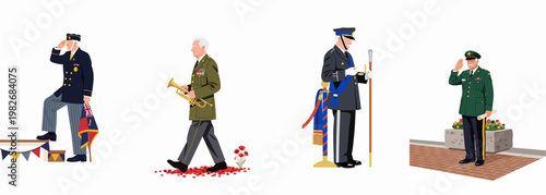 Illustration set of military veterans in ceremonial uniforms saluting and performing duties for Remembrance Day, Veterans Day, or Memorial Day celebrations.