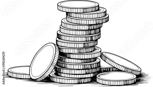 Stack of coins, hand-drawn representing wealth, finance, and savings money