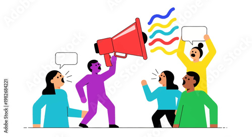Group of people protesting or advocating with a megaphone and speech bubbles
