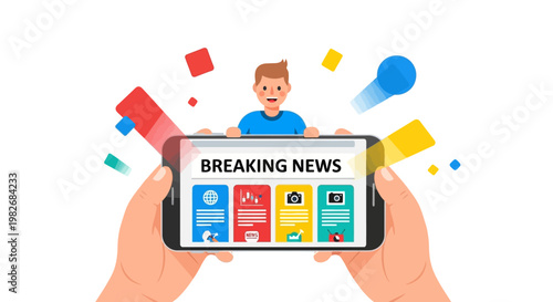 Hands holding a smartphone displaying breaking news with colorful graphics and a happy person in the background, concept of information and current events
