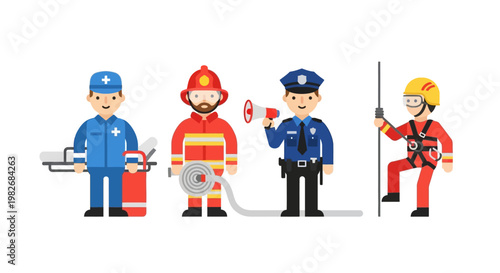 Set of cartoon characters representing different professions, including a paramedic, firefighter, police officer, and rescuer