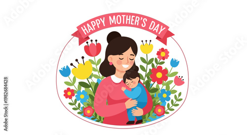 Mother's Day celebration with a loving mother holding her baby surrounded by vibrant flowers, a warm and joyful illustration for the special occasion