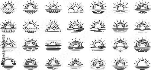 Black  White Line Art Sunrise and Sunset Icons Vector Set. Minimalist Nature, Travel, Weather, and Outdoor Glyphs with Sun, Ocean  Mountains.