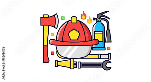 A collection of firefighting equipment including a helmet, axe, extinguisher, hose nozzle, and wrench on a white background