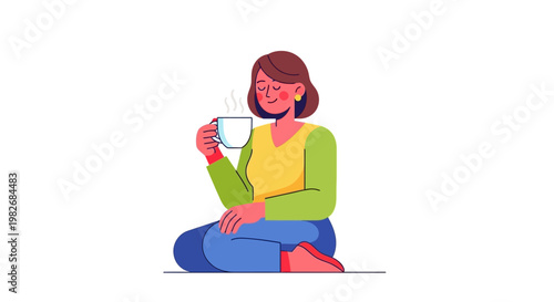 A relaxed woman enjoys a warm cup of coffee or tea while sitting comfortably on the floor, exuding a sense of calm and tranquility in her leisure time