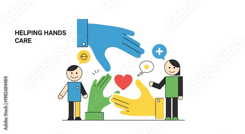 Abstract illustration representing care and support with interconnected hands and smiling figures, symbolizing community and assistance in a simplified, modern graphic style