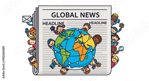 Global News Network Diverse People United Around the World Holding Hands in Support of Worldwide News and Information Sharing