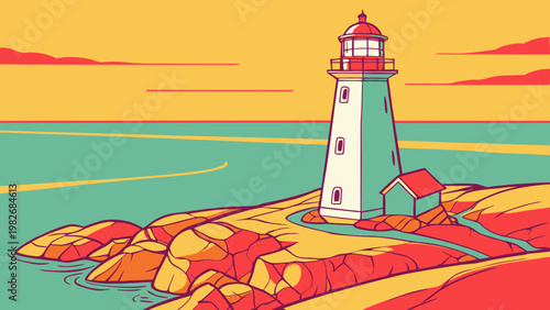 Graphic art representation of a lighthouse on a rocky coastal cliff at golden hour with lighthouse navigation maritime nautical illustration landscape seascape building structure
