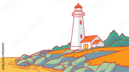 Stylized vector illustration of a lighthouse on a rocky coastline with lighthouse nautical maritime illustration landscape navigation landmark building architecture minimalist vacation