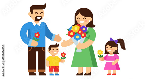 Happy Family with Flowers and Gifts A Celebration of Love and Togetherness