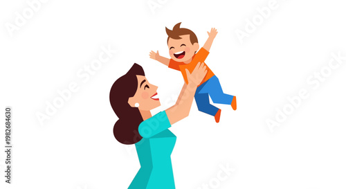Mother joyfully tosses her happy child into the air, celebrating a moment of pure love and connection