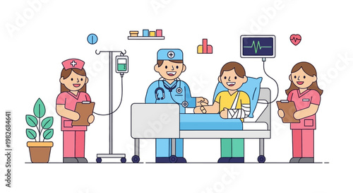 Doctor and nurses caring for injured patient in hospital bed with medical equipment