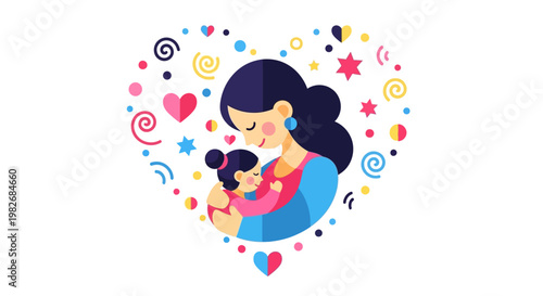 Mother holding her child in a heart shape with colorful festive elements and patterns, symbolizing love and family bonding