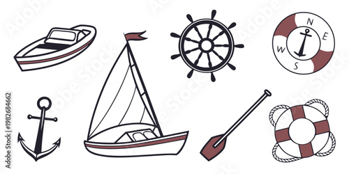 Nautical icon set featuring sailboat anchor steering wheel lifebuoy nautical lifebuoy maritime navigation steering vacation adventure collection illustration transport