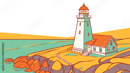 Flat vector illustration of a lighthouse by the seashore with lighthouse landscape nautical maritime illustration navigation building architecture vacation colorful stylized seascape