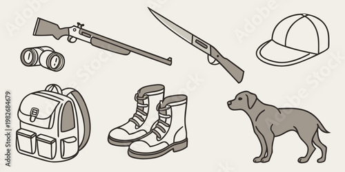 Hunting trip essentials set including shotgun binoculars backpack hiking boots and hunting dog with hunting gear hunting season nature hike hunting equipment tracking dog binoculars