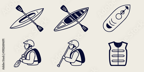 Minimalist blue icon set featuring kayaking equipment including boats paddles life vests water sport water travel kayaking canoeing paddling adventure lifejacket recreation activity