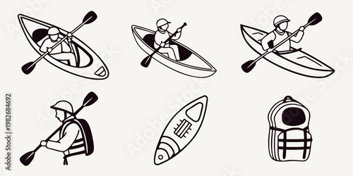Black and white icon set of kayaking people boats paddles life vests for water sports with water sport water travel kayaking canoeing paddling adventure lifejacket recreation activity