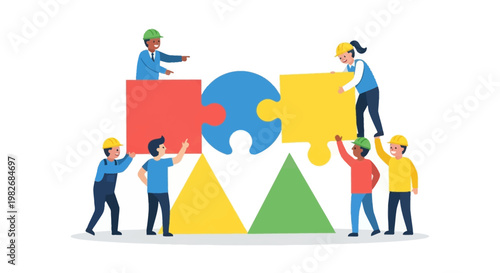 Teamwork and collaboration concept Diverse group of people assembling a large puzzle and geometric shapes, symbolizing unity and joint effort
