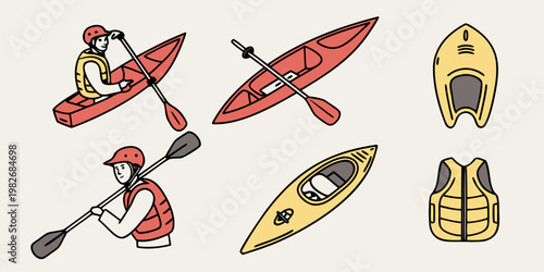 Set of kayaking equipment icons including kayakers canoes paddles safety life vests with water sport water travel kayaking canoeing paddling equipment adventure lifejacket recreation