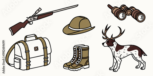 Hunting adventure gear set featuring rifle binoculars hat boots and stag adventure binoculars outdoors wildlife exploration equipment backpack clothing footwear expedition accessory