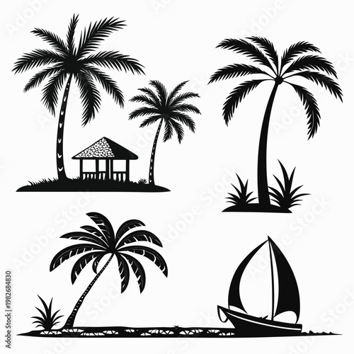 Tropical coastal silhouettes featuring palm trees beach gazebo and sailboat at sunset silhouette sailboat tropical vacation landscape paradise illustration isolated adventure coastline