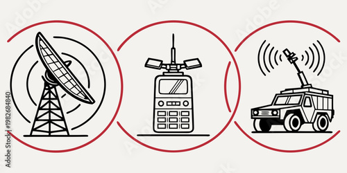 Communication technology icons set featuring satellite dish handheld transceiver mobile military radar vehicle communication technology satellite transceiver military broadcast