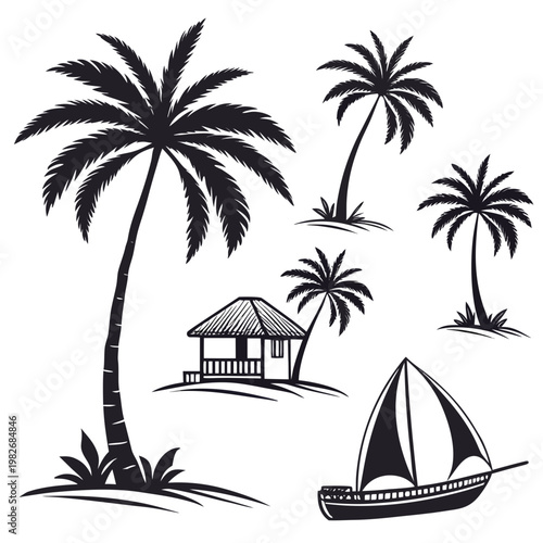 Set of tropical island silhouettes including palm trees beach cabana and sailboat with silhouette sailboat tropical vacation landscape paradise illustration isolated adventure coastline