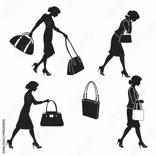 Set of female silhouettes carrying different types of handbags and shopping bags for travel or business with silhouette shopping business accessory illustration collection lifestyle