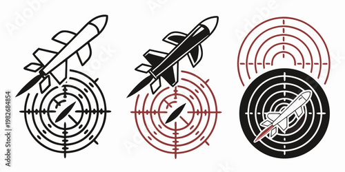 Target tracking icons with missile and radar scope visualization tracking military detection surveillance technology crosshair strategic monitoring security tactical illustration