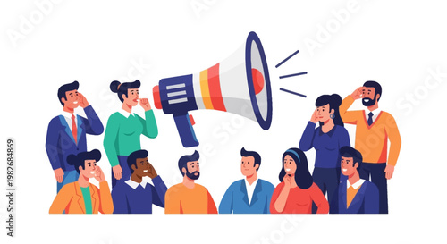 Illustration of a group of diverse people gathered around a megaphone, signifying communication, announcement, and public address