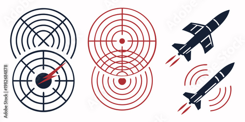 Set of military missile detection radar target icons and symbols with military technology defense industry military equipment detection system military detection tracking surveillance