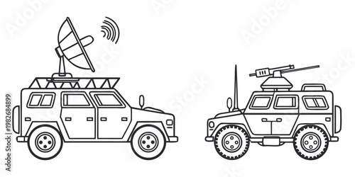 Line art icons of a satellite broadcasting vehicle and a military tactical truck with satellite broadcast military communication tactical technology wireless transport transmitter