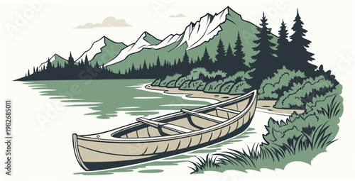 Colored illustration of a canoe resting on a lake shore in front of a mountain landscape with mountain landscape adventure illustration vacation recreation paddling mountains shoreline